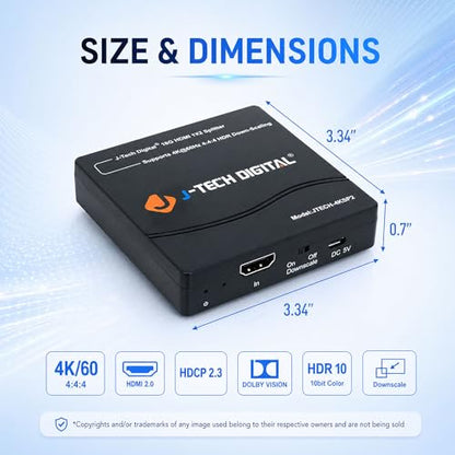 J-Tech Digital HDMI Splitter 1 in 2 Out 4K 60Hz Multi-Resolution Output (MRO) HDMI 2.0 Splitter Supports Downscale HDR HDR10 / Dolby Vision 4K@60Hz 4:4:4 HDCP2.3 2.2 (JTECH-4KSP2)