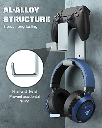 MoKo Dual Controller & Headphone Wall Mount Holder, for PS5 Xbox Switch | 2-in-1 holds two controllers and one headset. Wall mount saves desk space. Fits Xbox, PS4, PS5, Switch and PC. - color: Silver