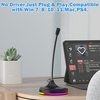 USB Computer Microphone with Mute Button and RGB Lighting,Plug&Play Mic for Conference,Gaming,YouTube,Desktop PC Mic for Mac/Window-Black-Black(M7)
