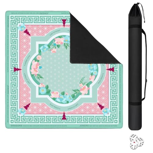 Mahjong Mat with Black Carrying Bag, 31.5"x31.5" Anti-Slip Noise Reduction Gaming Mat for Mahjong, Poker, Board Games, 3 Dice & Black Storage Bag (Green Lotus Flowers, One Size) - color: Green Lotus Flowers