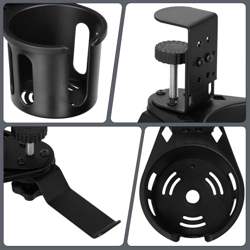 MYITYARD Desk Cup Holder Clamp, 2 in 1 Anti-Spill Clip On Table Cup Holder with Headphone Hanger, Rotatable Water Bottle Stand Drink Coffee Mug Storage, Office Accessories for Home and School - color: Black-1 with Headphone Hanger