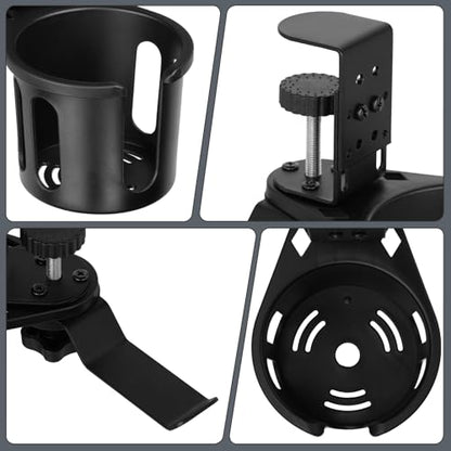MYITYARD Desk Cup Holder Clamp, 2 in 1 Anti-Spill Clip On Table Cup Holder with Headphone Hanger, Rotatable Water Bottle Stand Drink Coffee Mug Storage, Office Accessories for Home and School - color: Black-1 with Headphone Hanger