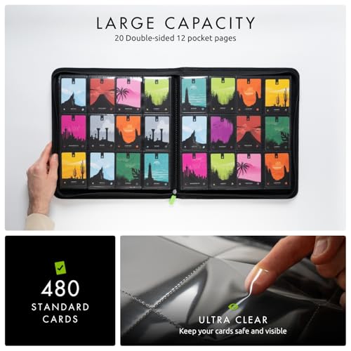 Vault X 12 Pocket Zip Trading Card Binder 480 Cards Exo-Tec (Black) | Holds 480 standard-size TCG cards in 20 side-loading 12-pocket pages. Padded, water-resistant Exo-Tec cover. - color: Black, size: 12 Pocket