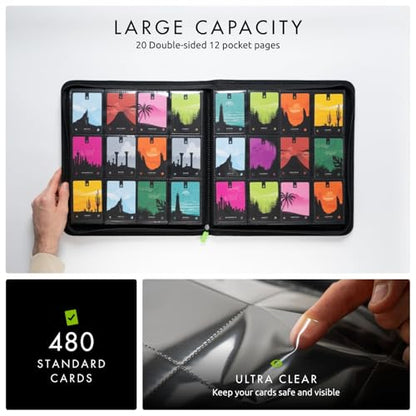 Vault X 12 Pocket Zip Trading Card Binder 480 Cards Exo-Tec (Black) | Holds 480 standard-size TCG cards in 20 side-loading 12-pocket pages. Padded, water-resistant Exo-Tec cover. - color: Black, size: 12 Pocket