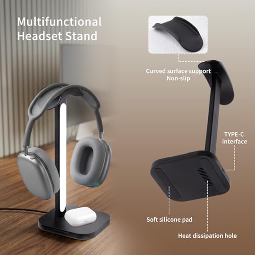 3 in 1 Gaming Headphone Stand with Wireless Charger, Desktop Headset Holder Hanger Rack, Wireless Charging Station Compatible for iPhone Series, PS5, Xbox, PC Gaming Desk Accessories, White - color: White
