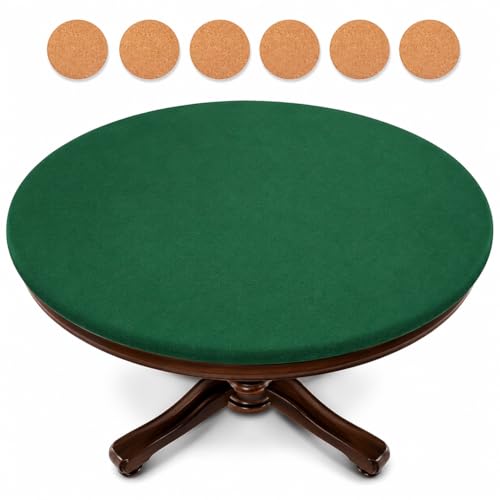 Katai Poker Table Cover - Green Felt Casino Style for Game Night, Poker, Mahjong, Board Games, Round Table Top, 36-45 Inch, Noise Reducing, Slip Prevention, Smooth Fabric, Includes 6 Cork Coasters