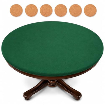 Katai Poker Table Cover - Green Felt Casino Style for Game Night, Poker, Mahjong, Board Games, Round Table Top, 36-45 Inch, Noise Reducing, Slip Prevention, Smooth Fabric, Includes 6 Cork Coasters