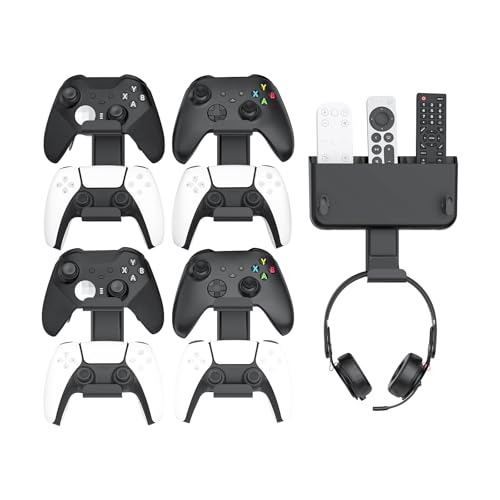 Controller & Headset & Remote Holder Wall Mount with No Drill, 4 Packs Gaming 8 Controllers Hanger Hook Mount for PS5/PS4/XBOX/Switch, Headphone Stand & Remote Control Holer Wall Shelf with Adhesives - size: 5 Packs