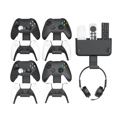 Controller & Headset & Remote Holder Wall Mount with No Drill, 4 Packs Gaming 8 Controllers Hanger Hook Mount for PS5/PS4/XBOX/Switch, Headphone Stand & Remote Control Holer Wall Shelf with Adhesives - size: 5 Packs