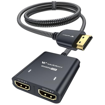 WARRKY HDMI Splitter 4K, 1x2 HDMI Display Duplicate/Mirror, HDMI Splitter 1 in 2 Out [Metal Shell, 3.3 Ft Braided HDMI Cable, LED Indicators], USB-C Powered Splitter, Black-4K@60Hz HDR - color: Black-4K@60Hz HDR
