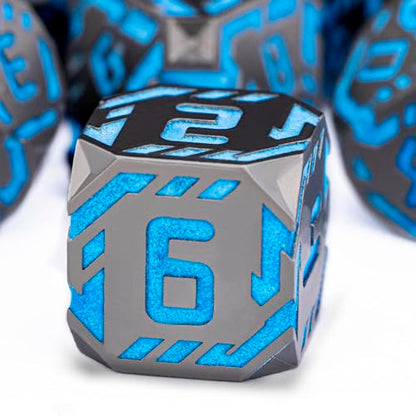 Metal DND Sci-fi Dice Set 7PCS Luminous Orange Stripe Polyhedral Dice for Dungeons Dragons RPG Role Playing Game, Glitter D and D Dice with Gift Box D6 D8 D10 D12 D20 - color: Nightlight - Blue