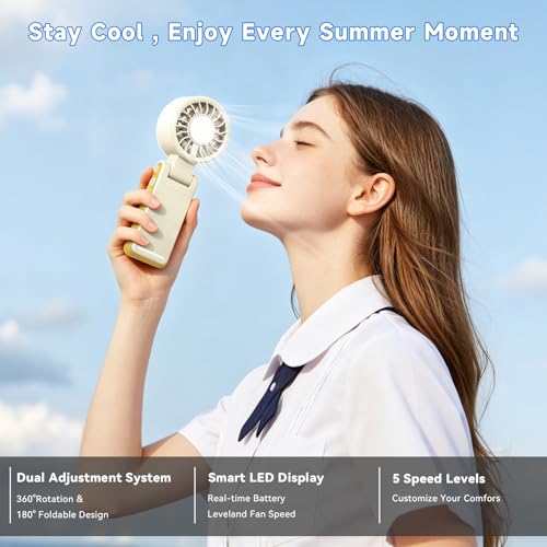 Handheld Portable Turbo Fan with Ice Cooling,5 Speed Rechargeable LED Display Foldable Hand Held Personal Clip/Neck/Waist Fan,180°& 360° Adjustable,Pocket Mini Fan for Outdoor/Home/Office (Khaki) - color: Khaki