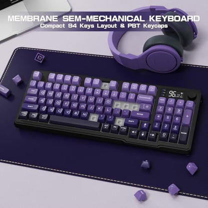 LexonElec M96 Wireless Keyboard, Low Profile Quiet Typing Membrane Gaming Keyboard with Smart Display & Knob, RGB Backlit, USB C Rechargeable, 94 Keys PBT Keycap for Windows PC,Mac,Linux-Grape Purple - color: Grape Purple