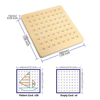 Thoth Montessori Wooden Geoboard Mathematical Manipulative Material Array Block Geo board with 36Pcs Pattern Cards and Rubber Bands Matrix 8x8 for Kids Graphical Educational Toys Early Development Toy