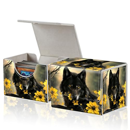 for MTG Commander Deck Box,Card Deck Box for Trading Yugioh MTG,Fits 100 Double Sleeved Cards,PU Leather Strong Magnet Case for Magic Commander TCG CCG,Black Wolf Floral - color: Black Wolf Floral