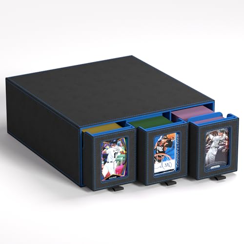 Trading Card Storage Box, 3-Row Slide-Pull Card Case with Stackable Design & 15 Dividers, Commander Display Card Organizer Holder for MTG, Pkmn, YuGiOh, TCG and Sports Cards, Holds 2500+ Cards (Blue) - color: Blue