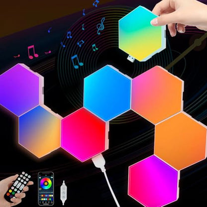 Vcwtty Hexagon Light Panels with App, Music Sync, 6 Pack | RGB Gaming Lights, DIY Modular Design, Sensory Room, Game Room, Party, USB Powered, Wall Decor, Sound Activate - size: 3.8 inches
