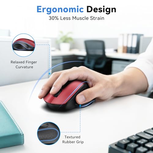 TECKNET Wireless Mouse for Laptop, (BT5.2/3.0 & 2.4G) Bluetooth Wireless Mouse, Silent Click, 5-Level Adjustable DPI, Ergonomic Portable Computer Mice for Laptop, PC, MacBook, Chromebook - color: Red