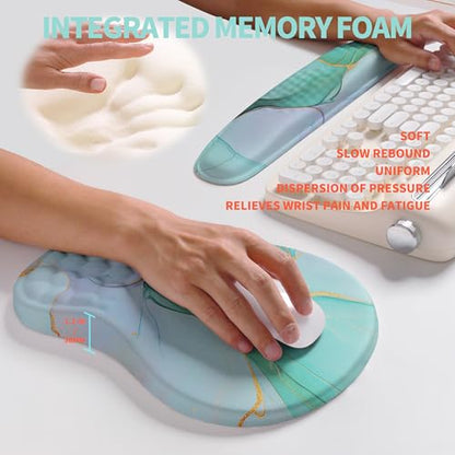 2-in-1 Ergonomic Set, Wave Rise Keyboard Wrist Rest and Massage Bulge Slope Mouse Pad Wrist Support, Cushion Memory Foam Integrated to Relieve Wrist Pain, Blue Gold Marble - color: Blue Gold Marble