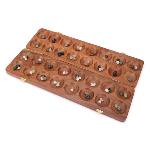 Ajuny Wooden Mancala Board Game Large Folding Set with 96 Multicolor Stones | Classic Two Player Strategy Activity for Kids Adults Family Night Portable Travel Entertainment Educational Tabletop Gift Fun - size: 17 Inch