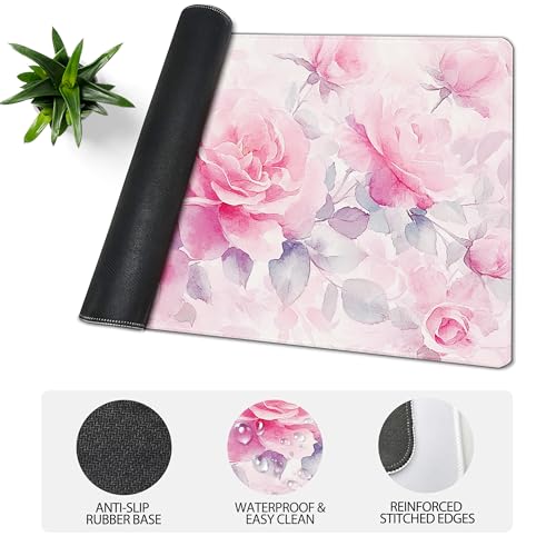 31.5”x11.8”Large Gaming Mouse Pad for Desk, Mouse Mat with Seamed Edges, Waterproof Desk Pad, Non-Slip Rubber Base, Keyboard Pad Computer Mat, Big XL Mousepad-Pink Roses Watercolor - color: Pink Roses Watercolor