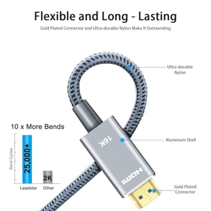 16K HDMI 2.2 Cable 10ft, 96Gbps High Speed, 16K@60Hz 8K@120Hz 4K@480Hz HDMI Cord with eARC, HDCP 2.2&2.3,HDR10, eARC, VRR & ALLM, Braided HDMI for PS5, Xbox Series X, Gaming PC, TV, Monitor, Projector - size: 10 FT
