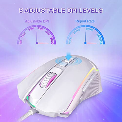 Redragon Gaming Mouse, Wired White Mouse with RGB Backlit, 8000 DPI Adjustable, PC Gaming Mice with 9 Programmable Macro Buttons & Fire Button, PC Gaming Mouse for Windows/Mac, White - color: white