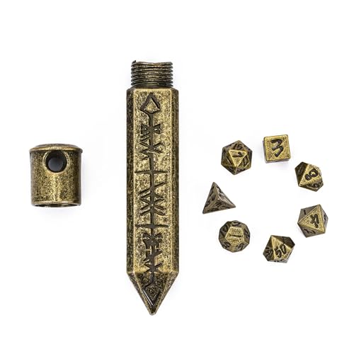 Mini Dice Set with Rune Keychain Case,7PCS Polyhedral Metal Dice Set for DND Role Playing Games(Bronze) - color: Bronze