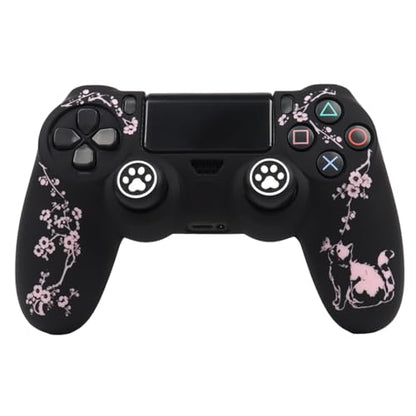 Cat Among Blossoming Branches Design Controller Skin Cover with 2 Thumb Grips Compatible with PS4/Playstation 4 Slim/Pro Controller - color: Cat Black Pink