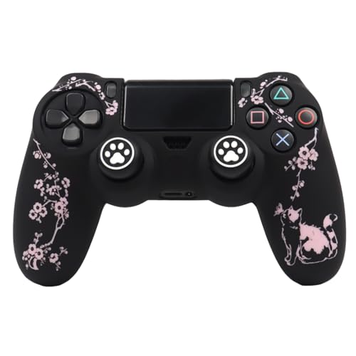 Cat Among Blossoming Branches Design Controller Skin Cover with 2 Thumb Grips Compatible with PS4/Playstation 4 Slim/Pro Controller - color: Cat Black Pink