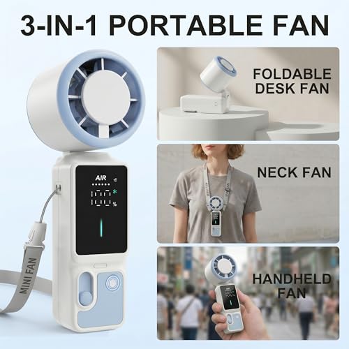 Portable Handheld Fan, 100-Speed Turbo Rechargeable Mini Fan | 3-in-1 Wearable Foldable Fan with Ice Compress Cooling. Ideal for Travel, Outdoor, Office. Compact & Long Battery Life. - color: White&Blue