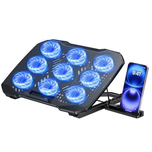 TECKNET Laptop Cooling Pad with Phone Stand, 9 Quiet Fans with LED Lights, 5 Height Adjustable & 2 USB Ports, Stepless Speed Control to 2600 RPM Laptop Cooler, Laptop Cooling Stand for 12-17.3 Inch