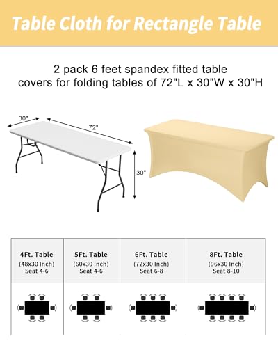 Fixwal Champagne Stretch Table Cloth Rectangle 2 Pack 6Ft, Spandex Fitted Table Covers Washable for Party, Trade Show, Banquet, Wedding, Buffet - color: Champagne, size: 6 Ft