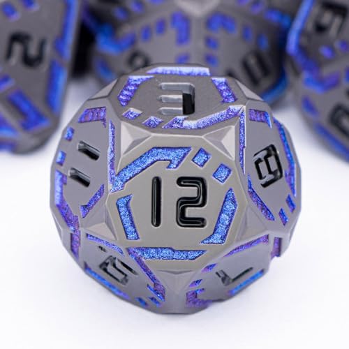 Metal DND Sci-fi Dice Set 7PCS Stripe Polyhedral Dice for Dungeons Dragons RPG Role Playing Game, Glitter D and D Dice with Gift Box D6 D8 D10 D12 D20 (Black&Blue Purple) - color: Black - Blue Purple