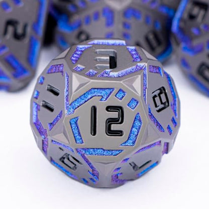 Metal DND Sci-fi Dice Set 7PCS Stripe Polyhedral Dice for Dungeons Dragons RPG Role Playing Game, Glitter D and D Dice with Gift Box D6 D8 D10 D12 D20 (Black&Blue Purple) - color: Black - Blue Purple