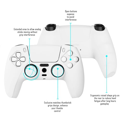PlayVital White Pure Series Anti-Slip Silicone Cover Skin for ps5 Controller, Soft Rubber Case for ps5 Wireless Controller with White Thumb Grip Caps - color: White