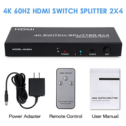 4K HDMI Switch Splitter 2 in 4 Out, 4K@60Hz 2x4 HDMI Matrix Splitter Switch with Remote, 3.5mm and SPDIF Audio Output, Support 4K HDR 3D HDMI 2.0 HDCP 2.2 for PC,Laptop,PS4,Xbox,HDTV