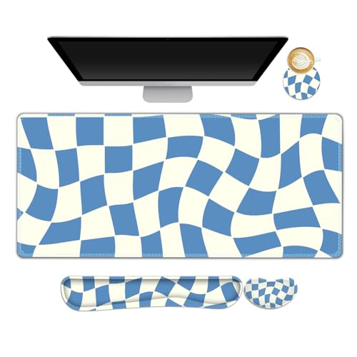 Desk Mat Pad, Gaming Mouse Pad Wrist Support Set, 4 in1 Non-Slip XXL Large Mousepad + Ergonomic Keyboard Wrist Rest+Mouse Wrist Rest+Coaster for Home Office Computer I Blue White Checker - color: Blue White Checker