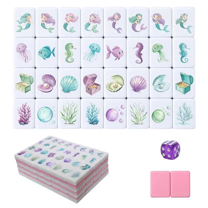 G.R.I Mermaid Themed Mahjong Block Set, 128 Pieces Seaside Escape Tile Game for 4 Players with Storage Bag and Crystal Dice, Portable Birthday Party Game