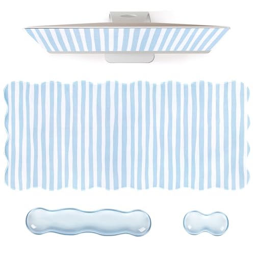 L-SPOUTTO Blue Striped Mouse Pad Set,Scalloped XXL Desk Mat + Ergonomic Mouse Wrist Rest + Gel Keyboard Wrist Rest for Keyboard 65%/75%,3in1 Large Desk Pad for Desktop Home Office Computer Game - color: Blue Striped