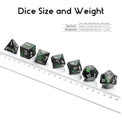Glitter Green DND Metal Dice, DNDND 7 PCS Flower Metallic DND Dice Set with Gorgeous Gift Case for Dungeons and Dragon Tabletop Game (Matte Black with Glitter Green Flower) - color: Flower Glitter Green