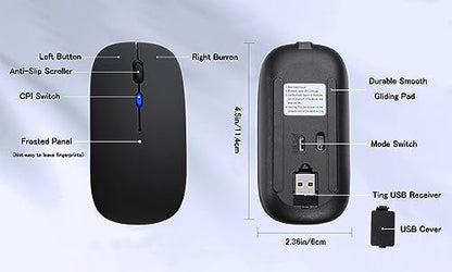 AIKOKOK Wireless Bluetooth Mouse, Rechargeable, Dual Mode Bluetooth 5.2 & 2.4G USB, LED Lights, Slim, Silent, Portable Computer Mouse for Laptop, PC, MacBook, iPad, Tablet (Black) - color: Black