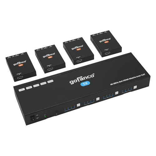 gofanco 4K60Hz 4x4 HDMI Matrix Extender Splitter (Matrix44HD2CAT) | 230ft Cat6/7 Extension, 4K60Hz 4:4:4, HDR, HDCP 2.2/1.4, IR, PoC, EDID, Auto Downscale, 8 Video outputs 4 HDMI+4 RX, Web GUI - size: 4K60Hz 4x4 Cat