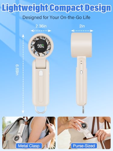 AI Handheld Fan Turbo, 100-Speed Portable Fan Rechargeable, Mini Fan with 12800 RPM Strong Airflow, Foldable 4-in-1 Personal Fan for Travel, Camping, Beach & Office, USB-C & Lightweight & Quiet - color: Beige