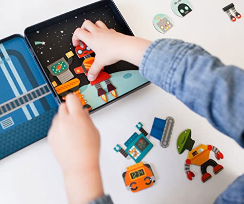 Petit Collage Magnetic Play Set, Robot Remix – Mix & Match Magnetic Game Board, Ideal for Ages 3+ – Includes 2 Magnetic Scenes and over 25 Magnet Pieces, Ideal Travel Activity for Kids - color: Mag Play Set Robot Remix