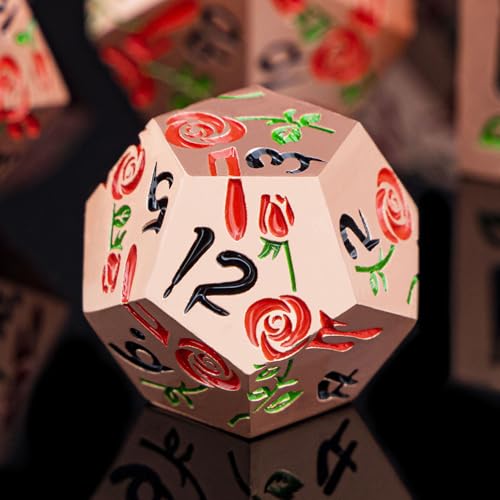 Gothic DND Dice Set Bleeding Rose Metal D and D Dice for use with Dungeons Dragons D&D Role Playing Game, Red Copper RPG Polyhedral Dice Set D20 D12 D10 D8 D6 D4 - color: Red&copper&black Numbers