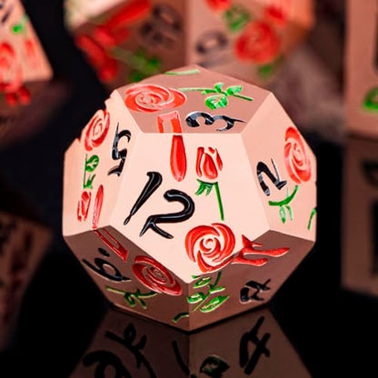 Gothic DND Dice Set Bleeding Rose Metal D and D Dice for use with Dungeons Dragons D&D Role Playing Game, Red Copper RPG Polyhedral Dice Set D20 D12 D10 D8 D6 D4 - color: Red&copper&black Numbers