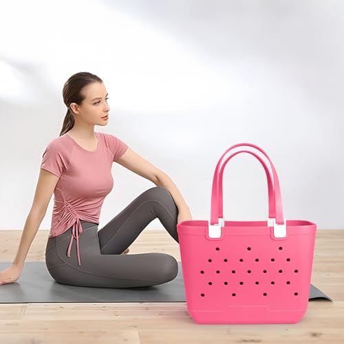 X-Large Rubber Beach Tote Bag, 18.9 "L x 9.4 "W x 13.8 "H Waterproof EVA Beach Totes with Zipper Pocket - color: Hot Pink
