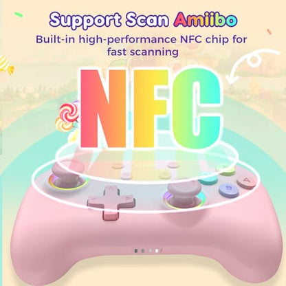 IINE Wireless Controller for Switch/PC/Android/IOS, Cute Gamepad with RGB Lights, Mini Pro Controller with Turbo/Macro/NFC Amiibo/Motion Sensor/Wake-Up/Rumble (Pink) - color: Pink