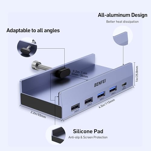 BENFEI 8-in-1 USB C Hub with Secure Clamp – Features 4K@60Hz HDMI, Gigabit Ethernet, 100W PD, 10Gbps 1x USB-C, 2 x USB-A 3.2, 2 x USB-A 2.0 Compatible with MacBook, iPad Pro, iMac, S23, XPS17 - color: Gray, size: 8-in-1